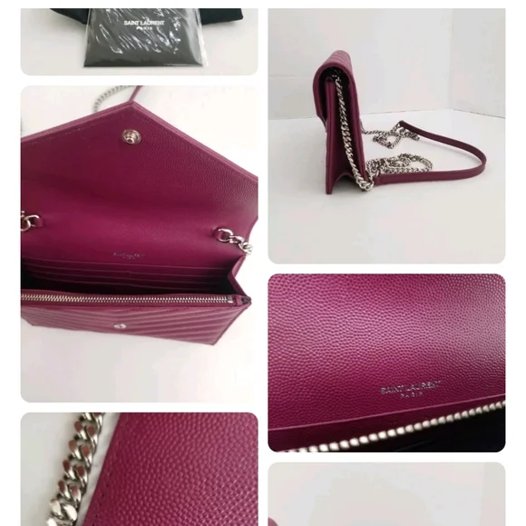 SAINT LAURENT YSL Magenta Grain Leather Chevron Envelope WOC Wallet on Chain - Picture 4 of 5